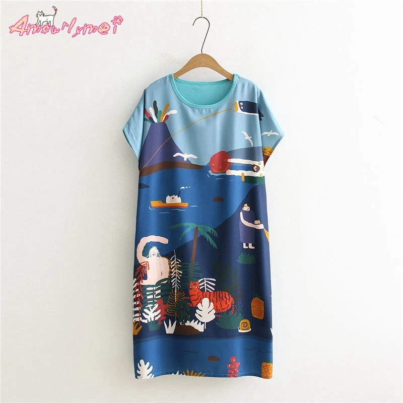 

Amourlymei 2018 Summer Women Dress Japanese Style Mori Girl Loose O-neck Cartoon Digital Printing Short Sleeve Casual Dress