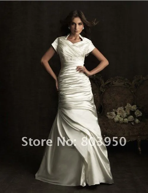 2012 Modest Bridal - Ivory &amp white Gathered Satin Embellished Natural Waist Mermaid Cap Sleeve Wedding Gown | Свадьбы и торжества