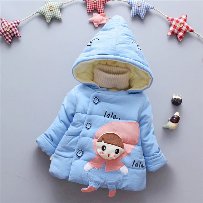 BibiCola/пальто для маленьких девочек, куртки, зимняя теплая парка с капюшоном и рисунком для малышей, флисовая бархатная верхняя одежда, зимняя одежда - Цвет: Небесно-голубой
