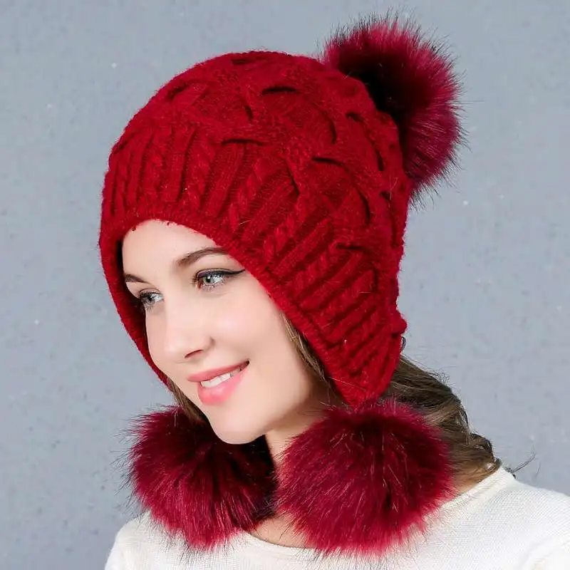 

Fall Winter Shawl Cap Neutral Knitted Wool Fur Casual Cap and Rabbit Wool Fluffy Pure Color Ski Gorros Hat Protect Mother's Ear