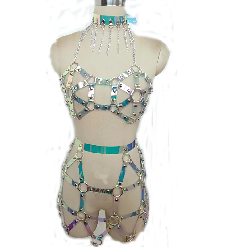 

Festival Queen Holographic PVC Bondage 3 Piece Set Women Sexy Laser Choker Hollow Out Crop Top Link Chain Waist Belt Party Set