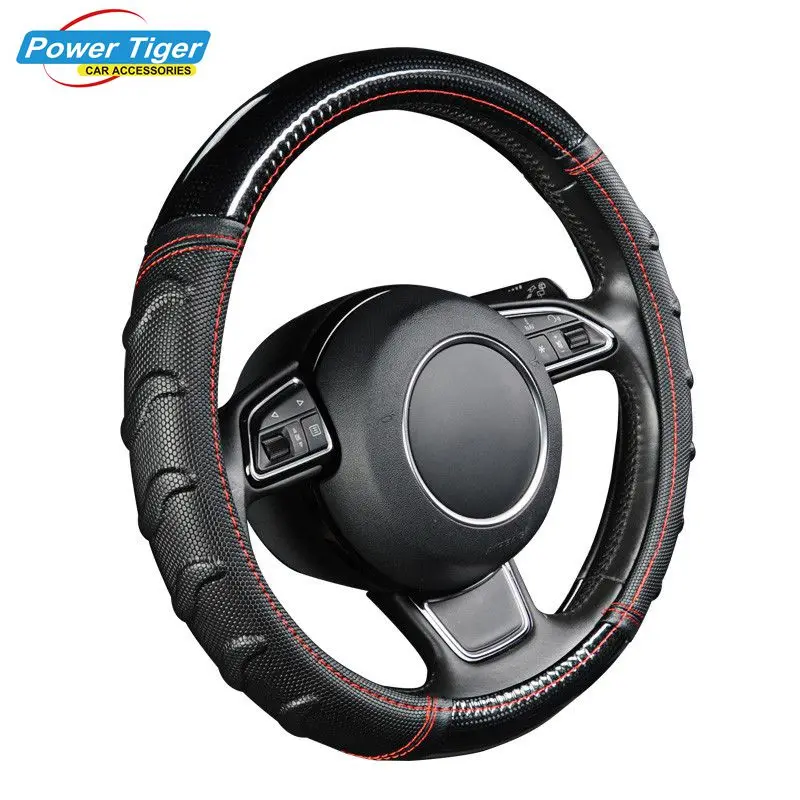 

3D Carbon Fiber Pattern Anti-Slip Car Steering Wheel Cover All Size Auto Universal 15 inch Breathable PU Leather Black