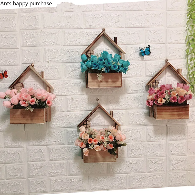 

Lavender Rose Artificial Flowers Wall Mounted Hanging Cabin Plastic Rattan Basket Wedding Home Shop Decoration Fake Flower