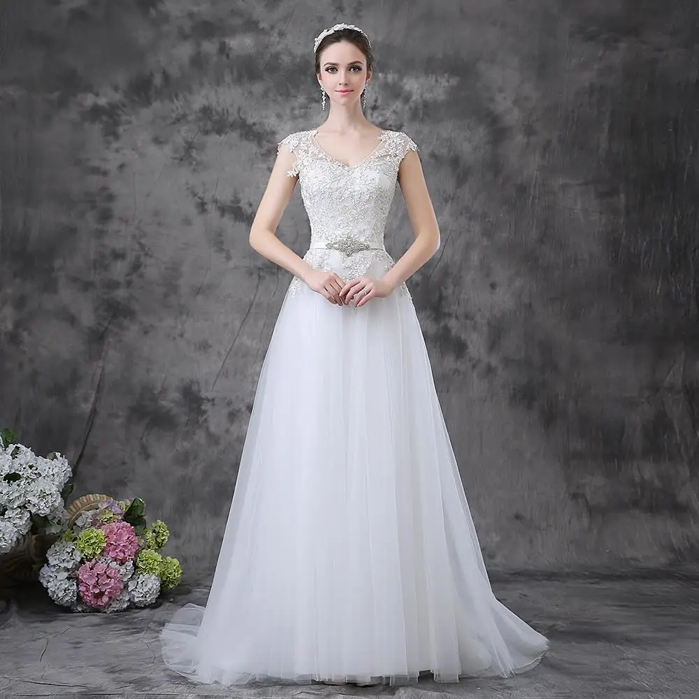 Elegant Lace Covered Back Tulle A Line Funky Wedding DressesWedding