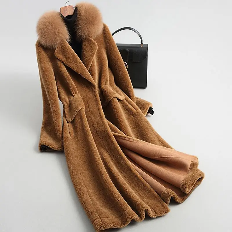 Осень зима женское длинное пальто из натуральной овечьей шерсти с воротником из натурального Лисьего меха, толстая Свободная куртка L06