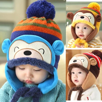 

Baby Winter Warm Cap Hat Beanie Skullies Monkey Crochet Earflap Hats newborn photography props children's hats Baby Clothing