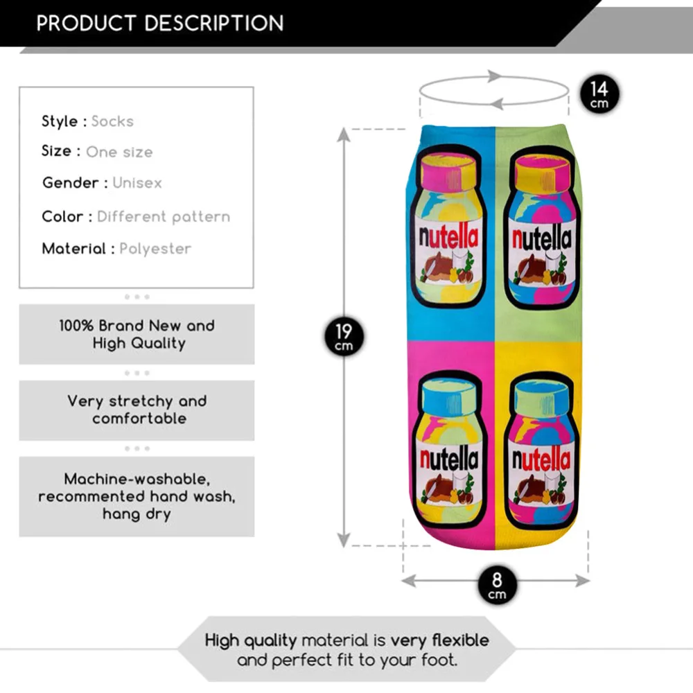 KLV, женские летние разноцветные хлопковые повседневные носки с 3D принтом, Короткие ножные носки с принтом в виде чашки Nutella, Calcetines Chaussettes