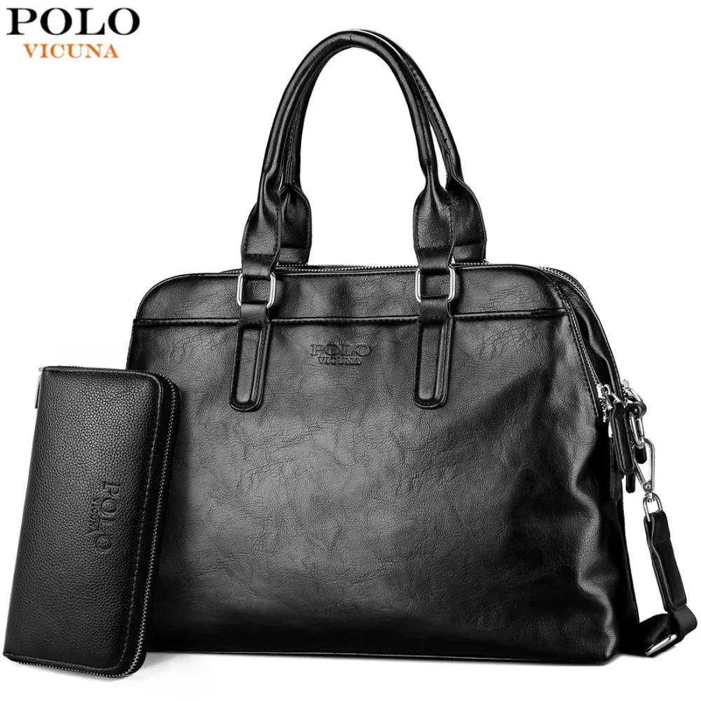 VICUNA POLO Double Pocket Large Capacity Messenger Bag With Keychian Black Leather Man Handbag Brand Men's Business Briefcase