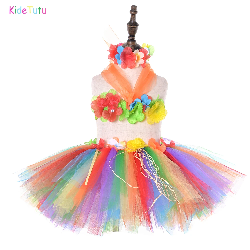 

Rainbow Rainforest Hawaii Hula Tutu Set Baby Girls 1st Birthday Luau Party Dress with Floral Headband Beach Bonfire Photo Shoot