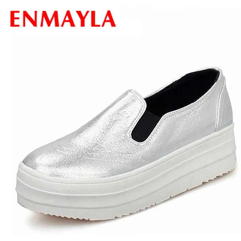 

ENMAYLA Hot Sale Women White Shoes Women Fashion Flast Platform Breathable Slip-on Shoes Woman Black Silver Casual Canvas Shoes