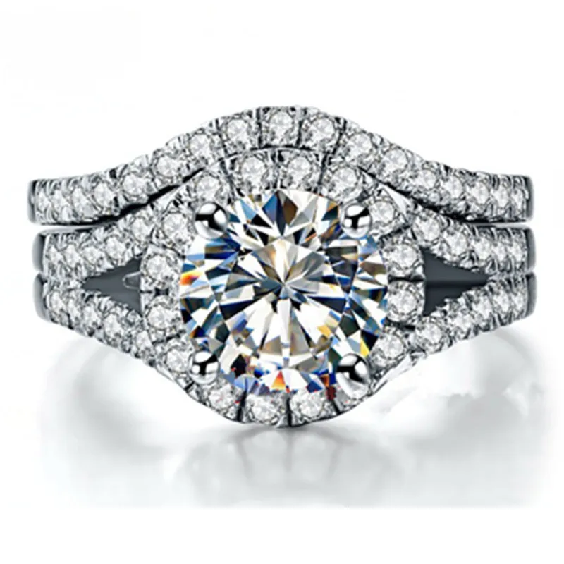 2CT Superb Sterling Silver Synthetic Diamond Rings Set Women S925 Wedding Classic Jewelry 18K White Gold Plated Halo Ring | Украшения и