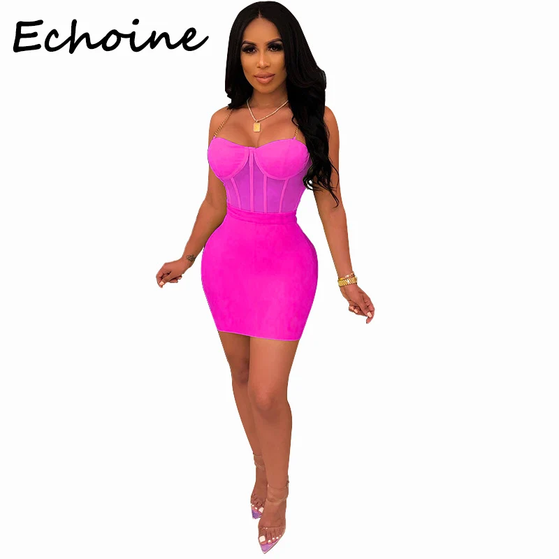 

Echoine Sexy Spaghetti Straps Sheer Mesh Two Piece Set Crop Top + Bodycon Mini Dress Women Two Piece Outfits