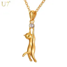 U7 Cute Cat Necklace & Pendant For Women Gift Silver/Gold Color Wholesale Trendy Rhinestone Animal Pet Charm Jewelry Hot P379