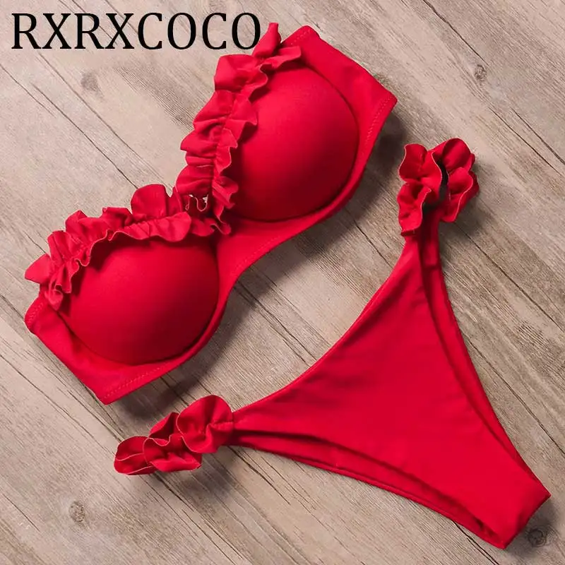 Kaufen 2019 Bandeau Solide Bikinis Set Push Up Badeanzug Sexy Weibliche Bademode Weiß Sommer Brasilianische Tanga Badeanzug Frauen Schwimmen tragen