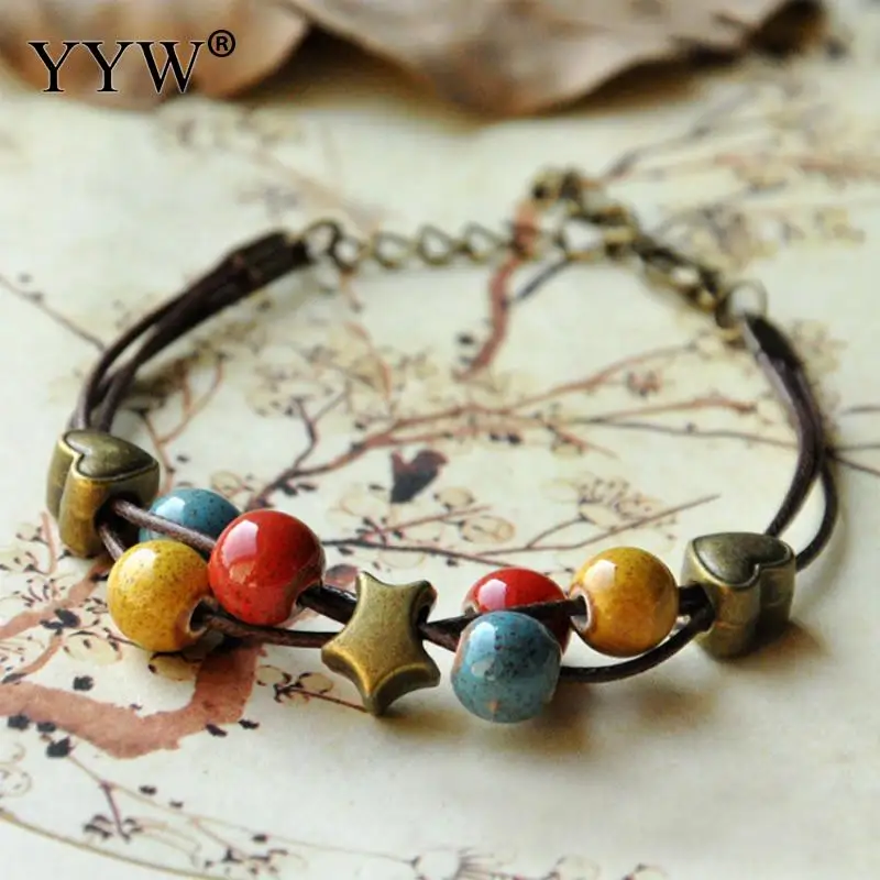 Fashion Ethnic Style High Quality Original Ceramic Bronze Adjustable Handmade Porcelain Beads Rope Charm Bracelet For Women Girl | Украшения