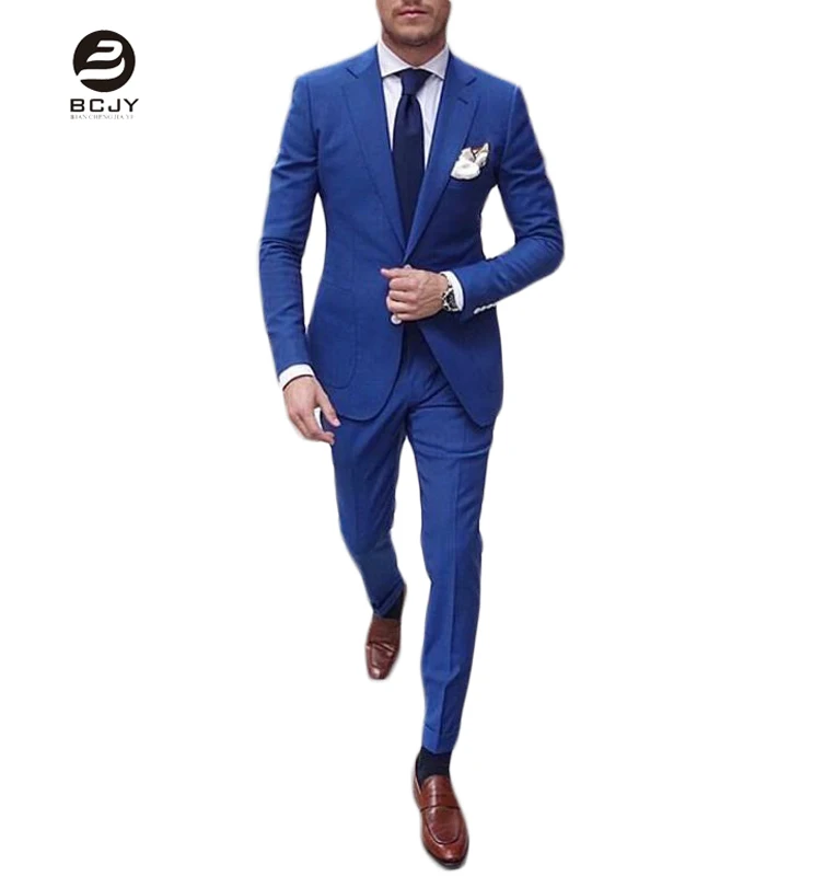 Hot Sale Royal Blue Notch Lapel Men Suits 2 Pieces Wedding Suits Slim Fit (Jacket+Pants+Tie) Groom Tuxedos Business Suits