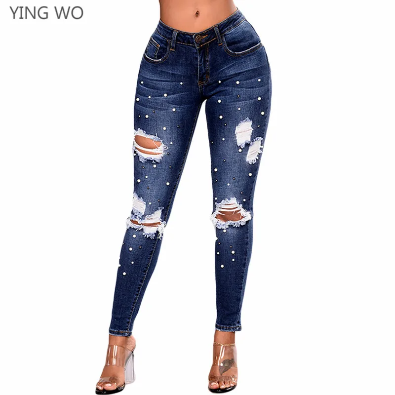 

Plus Size High Waist Embroidered Flares Denim Pencil Pants XS-XXXL Pearls Details Bleached Ripped Butt Lifting Skinny Jeans