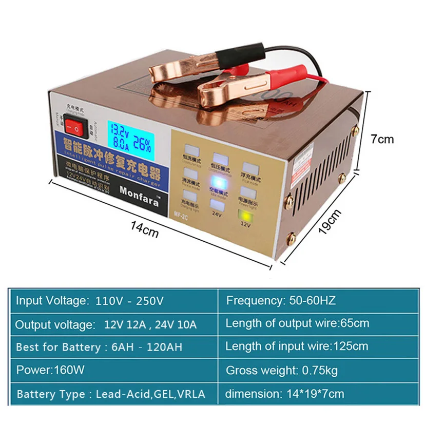  MONFARA 12V 24V Car Battery Charger Full Automatic Intelligent Pulse Repair 10A 12 24 V 100AH LED A - 32859108046