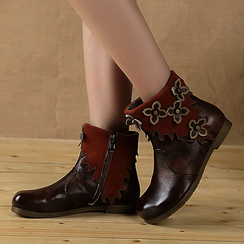 

Autumn and Winter Original Retro Manual Genuine Leather Folk Style Flowers Comfortable All-Match Round Toe Boots 2012-04