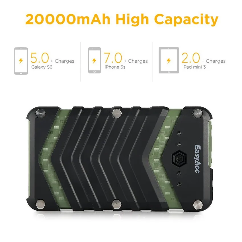 Easyacc 20000 мАч Запасные Аккумуляторы для телефонов портативное зарядное устройство 2USB 18650 Внешний Батарея с фонариком для iPhone 7 6 6 S Водонепроницаемый противоударный