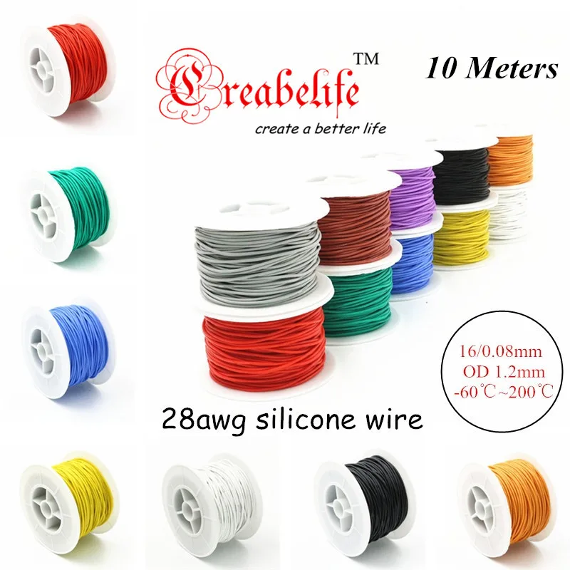 10 Meters 28 AWG Flexible Silicone Wire RC Cable 28AWG 16/0.08TS Outer Diameter 1.2mm With 10 Colors to Select