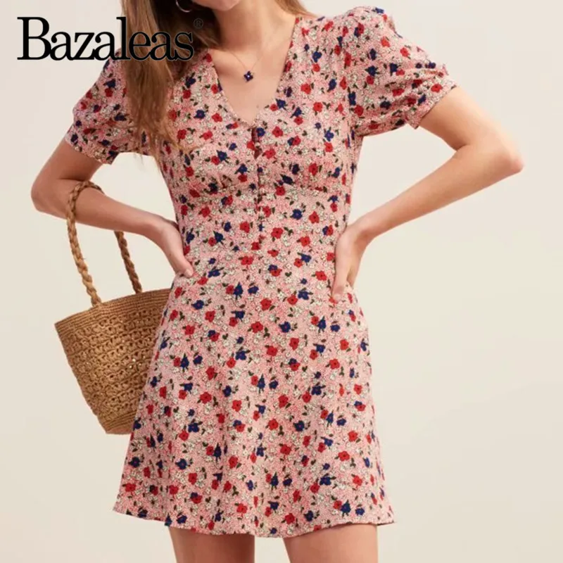 

Bazaleas Vintage Slim vestidos Buttons women Dresses France Red Flower Polka Print women Dress Casual Drop shipping
