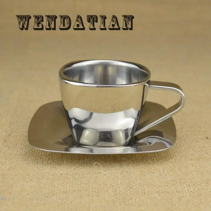 

Dining Drinkware Western Restaurant Double Stainless Steel Square Bottom handgrip Coffee Mugs with tray
