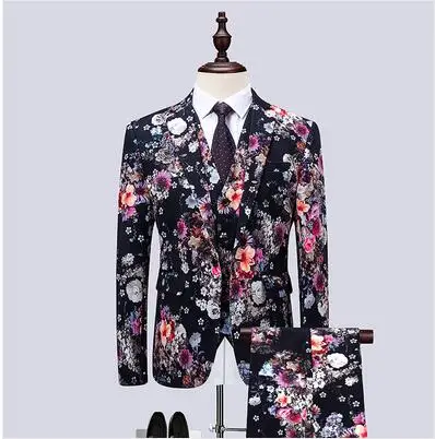 6XL Мужской Блейзер+ брюки+ жилет, свадебный пиджак с цветочным принтом для мужчин с жилетом и костюмными брюками - Цвет: Mixed