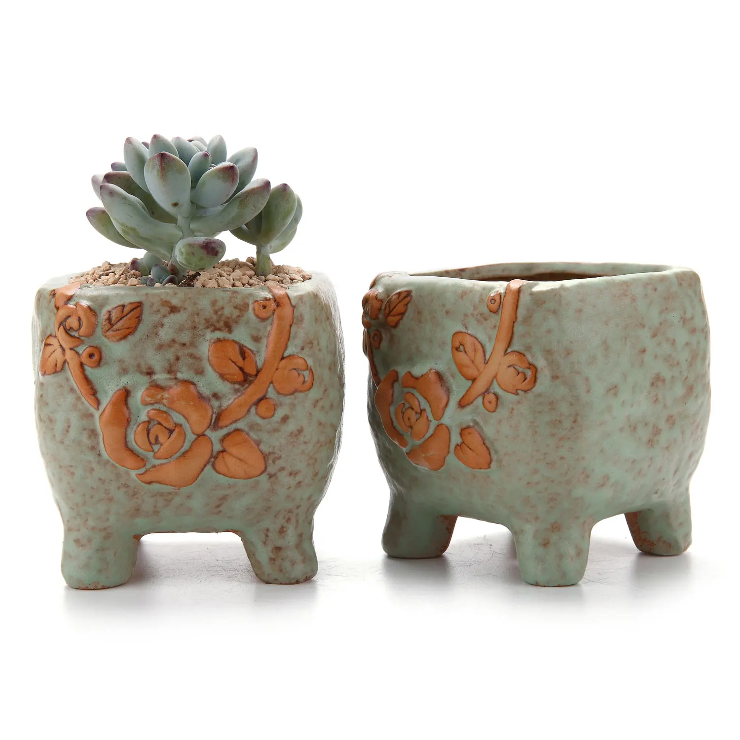 

T4U 3.5"Embossed Pattern Square Tripod Sucuulent Cactus Plant Flower Pots Planters Containers Window Boxes Green 1 pack of 2