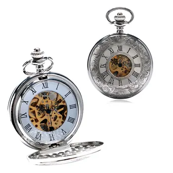 

Classic Retro Hollow Roman Number Design Fob Pocket Watch Mechanical Hand Wind Men Women Clock with Rough chain Best Gift