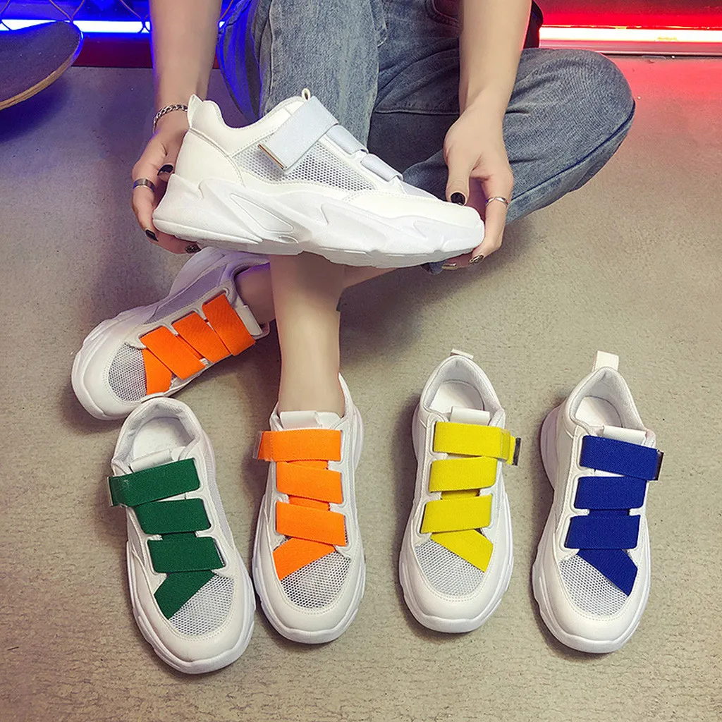 

Muffin Bottom Casual Shoes For Women Mid Heel Fashion Stitching Platform Student Sneakers Hook & Loop colorful shoelace Young