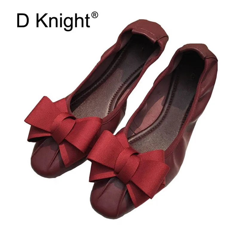 Genuine Leather Women Bow Tie Designer Flats Shoes Plus Size 34 42