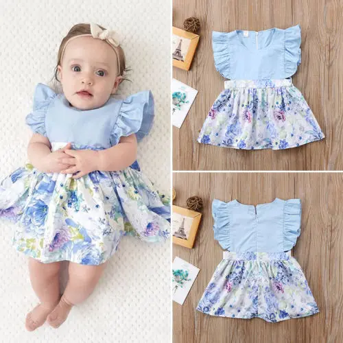 2018 New Adorable Baby Girl Blue Floral Dress Princess Summer Girls