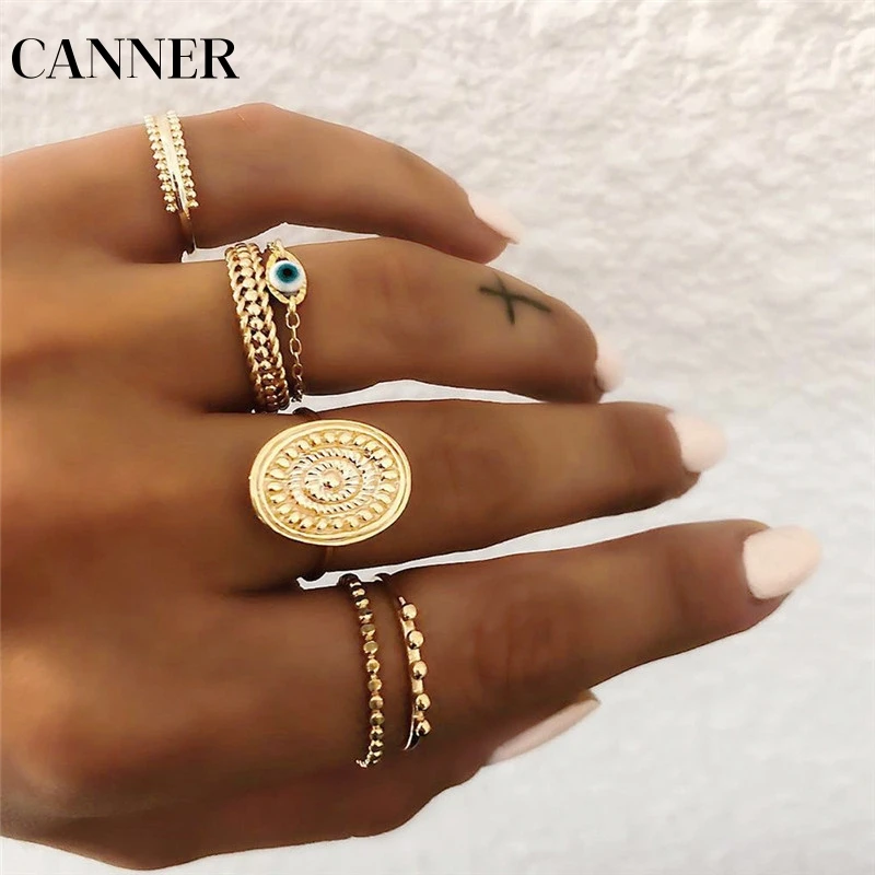 

CANNER Bohemia Gold Silver Evil Eye Midi Ring Sets for Women Boho Beach Carved Ball Knuckle Finger Oval Joint Rings Jewelry R4