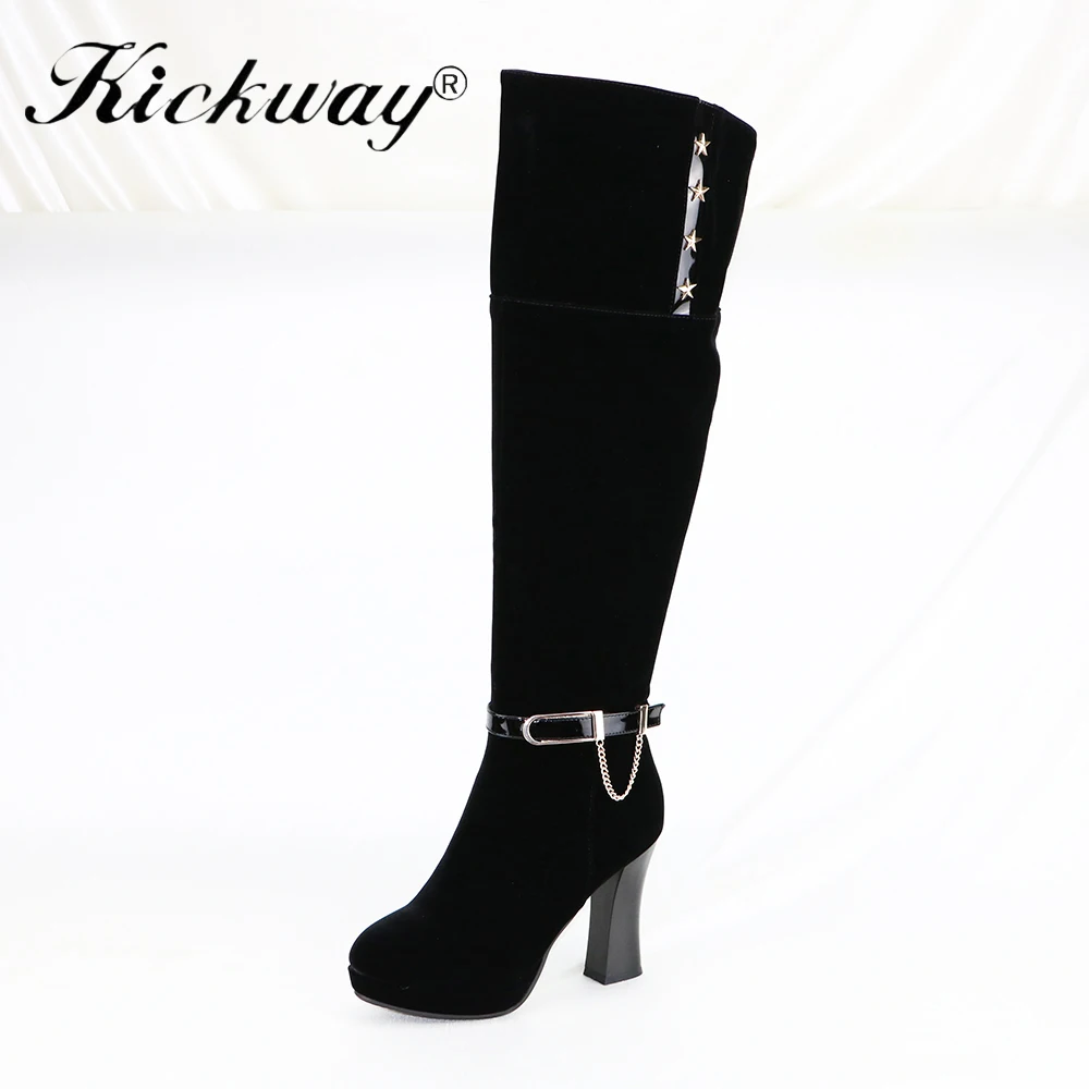 

Kickway New Arrival Fashion Women Over The Knee Boots Round Toe Side Zipper For Women Shoes Black Faux Suede Botas mujer size 40