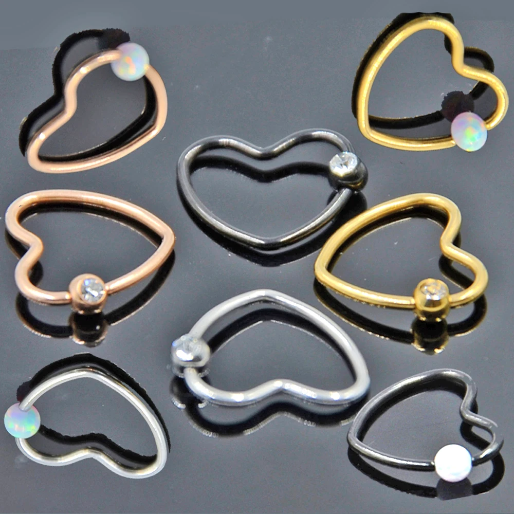 

BOG-1PC Surgical Steel Heart Shape Fire Opal&Clear Gem Ear Daith Helix Cartilage Piercing Ear Tragus Captive Bead Ring16g