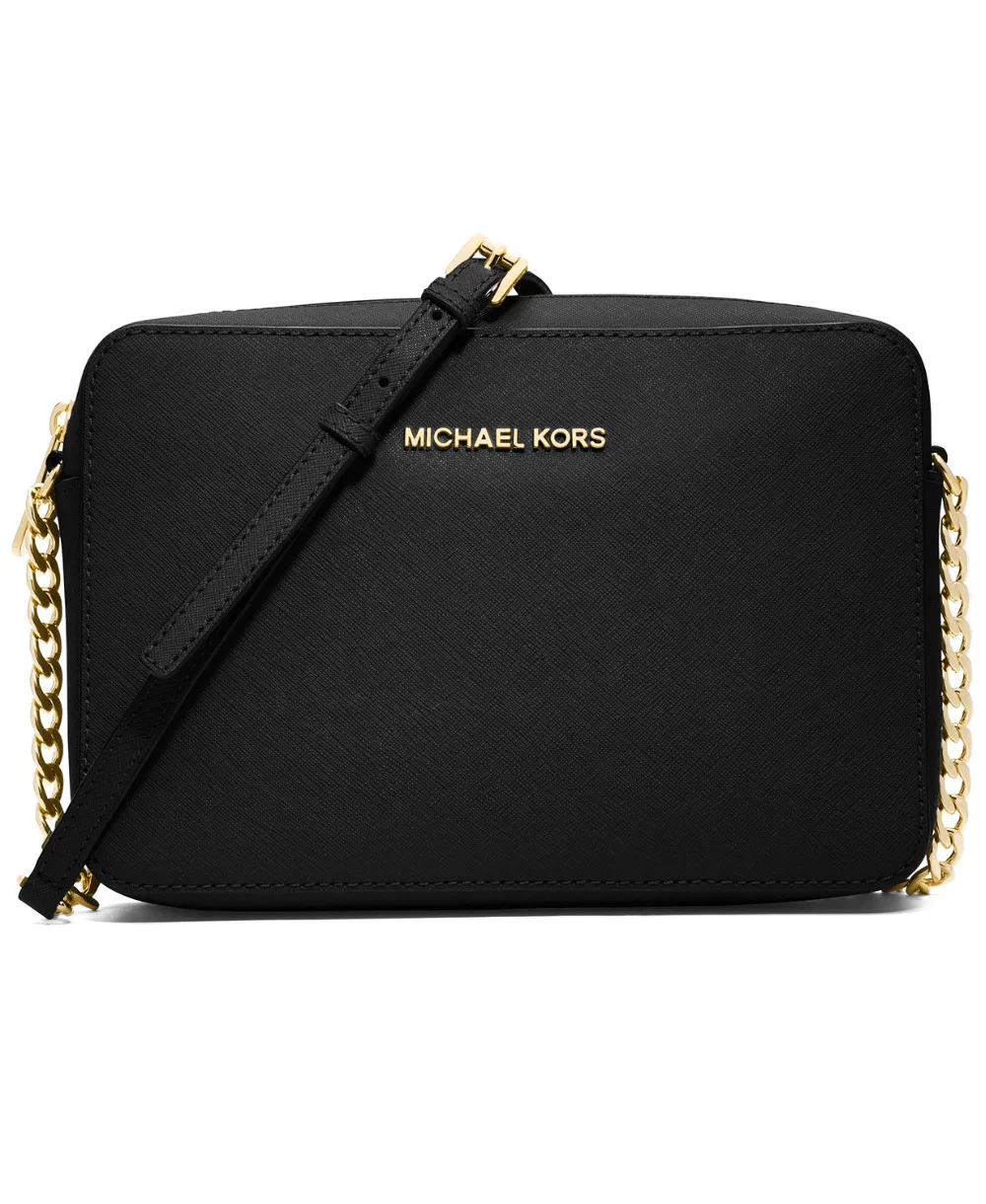 

Michael Kors Jet Set East West Crossgrain Leather Crossbody (Black/Gold) Luxury Handbags For Women Bags Designer by MK