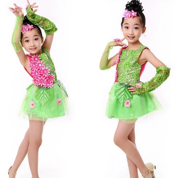 

Sequined Green Girls Modern Jazz Dancewear Dress kids Ballroom Hip Hop Party Dancing Costumes 110-160