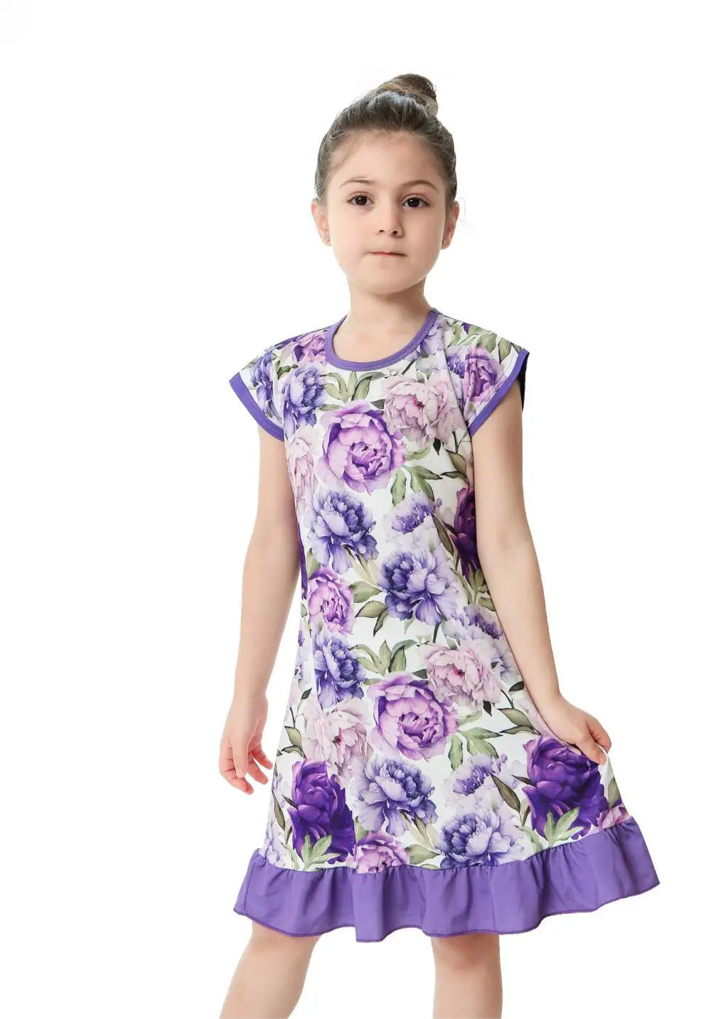 

New Fashion Children Girls Nightgowns Lilac Flower Night Dress Soft Printing Floral Night Dresses Kids Pajamas