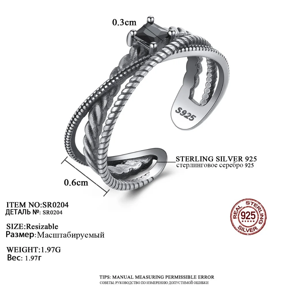 CZCITY, винтажные, скрученные, серебряные, 925 пробы, полый дизайн, открытые кольца для женщин, черный циркон, ювелирные изделия, Anillos Para Las Mujeres