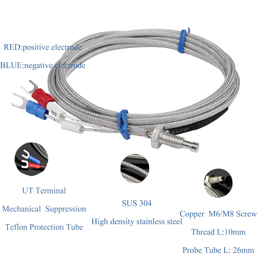 K тип M6/M8 винт зонд термопары Датчик температуры с 1 м 2 м провода кабель для промышленного регулятор температуры