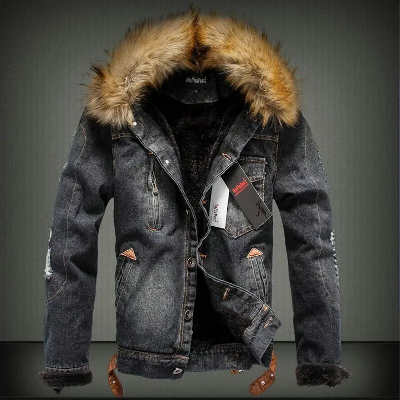 ABOORUN Men's Fur Collar Thick Denim Jacket Retro Ripped Warm Fleece ...