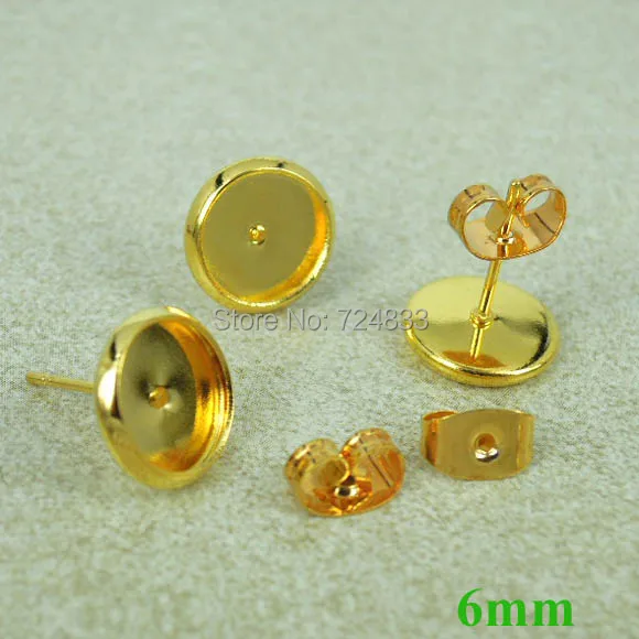6mm Golden tone Plated Blank Earrings Bases Round Bezel Stud Pin Earrings Post w/ Stopper