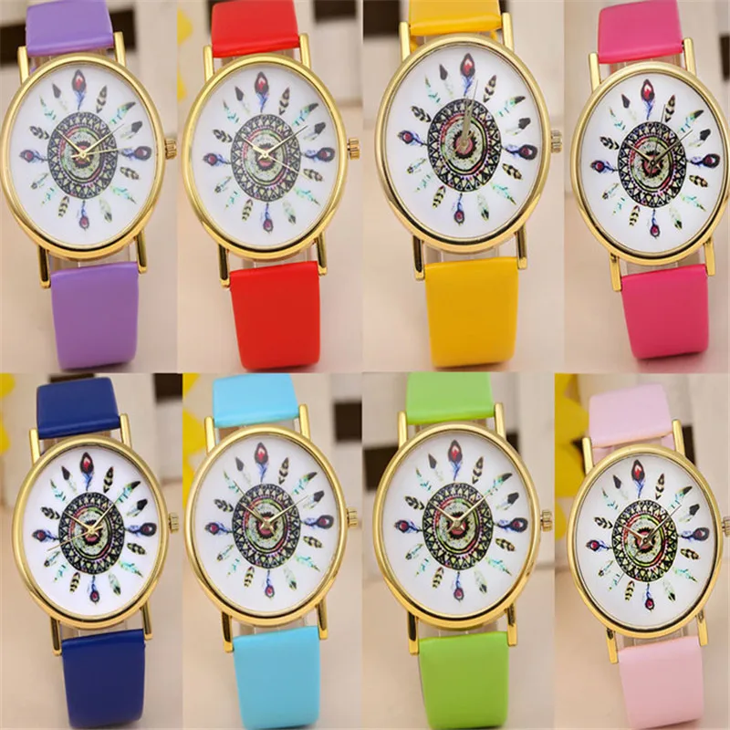 

Cheap Attractive Womens Vintage Indian Feather Dial Leather Quartz Analog Unique Wrist Watches Peacock Ladies Watch Clock AG11