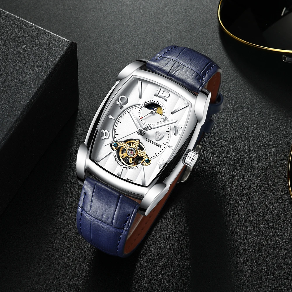 TEVISE Модные мужские автоматические часы Moon phase Tourbillon механические часы мужские кожаные спортивные наручные часы Relogio Masculino