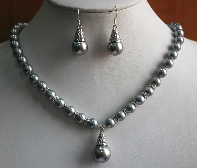 

noble 8mm gray shell pearl necklace 14mm earrings and pendant jewelry sets for wedding (D)