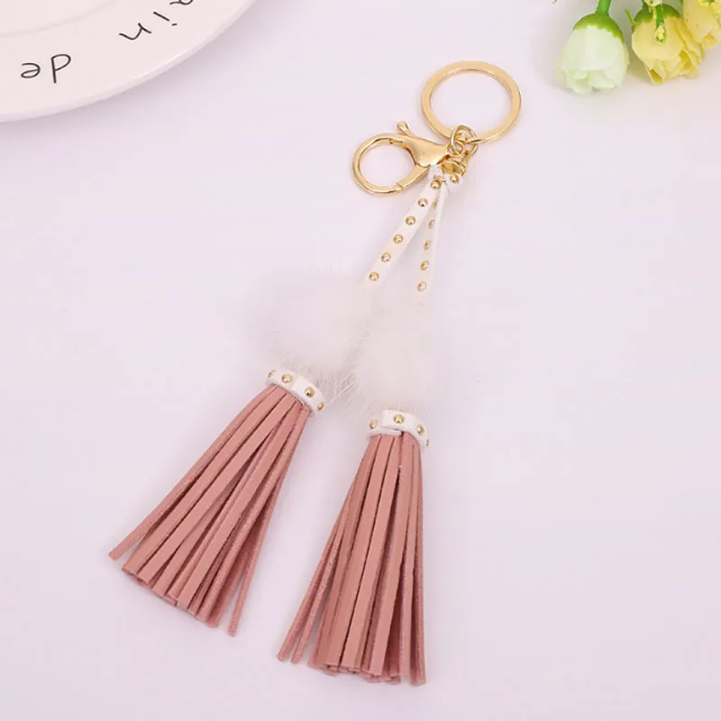 Fashion Leather Tassels With Mink Fur Ball Key Chain With Two Tassels For Car Keychain Women Bag