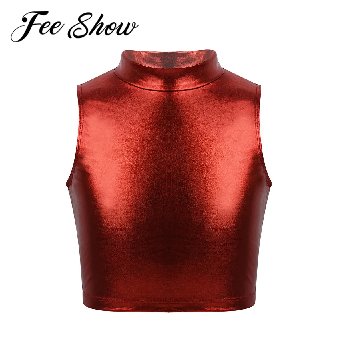 Kids Girls Shiny Gymnastics Leotard Tank for Dance Ballet Crop Top Sports Bra Turtleneck Tops Ballerina Stage Costume Outfit |