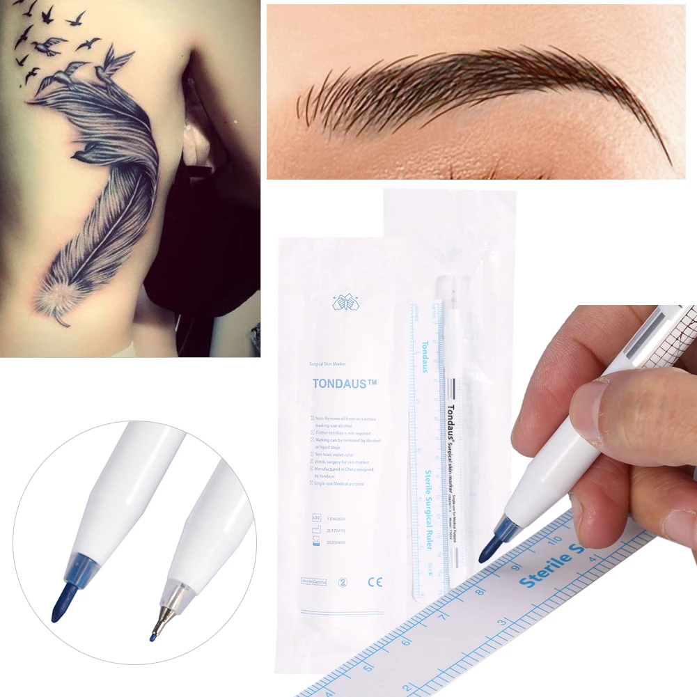 

Pro 2Pcs/Set Surgical Tattoo Skin Marker Piercing Eyebrow Lip Skin Marker Pen Positio Body Art Measure Pen Tattoo Supplies