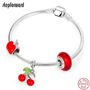 

STEP FORWARD 100% 925 Sterling Silver Red Enamel Apple Cherry Pendant Charm Bracelets & Bangles For Woman Silver Jewelry WLB035